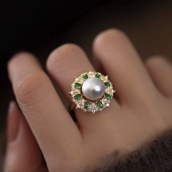 ✨ REGAL Freshwater Pearl Ring - Emerald Green & CZ Halo Adjustable! - Picture 1 of 5